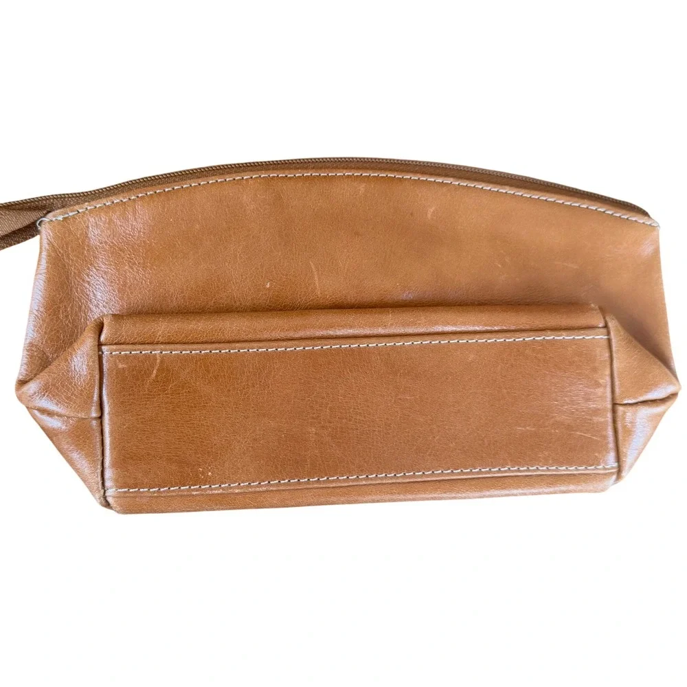 Prüne Cognac Leather Cosmetic Bag Y2KTravel Makeup Pouch Zip Case‎ New 🇦🇷